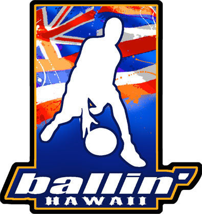 basketball player dribbling silhouette with hawaiian flag background and "ballin' HAWAII" 