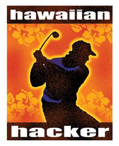 "hawaiian hacker" with golfer swinging silhouette and orange hibiscus pattern background